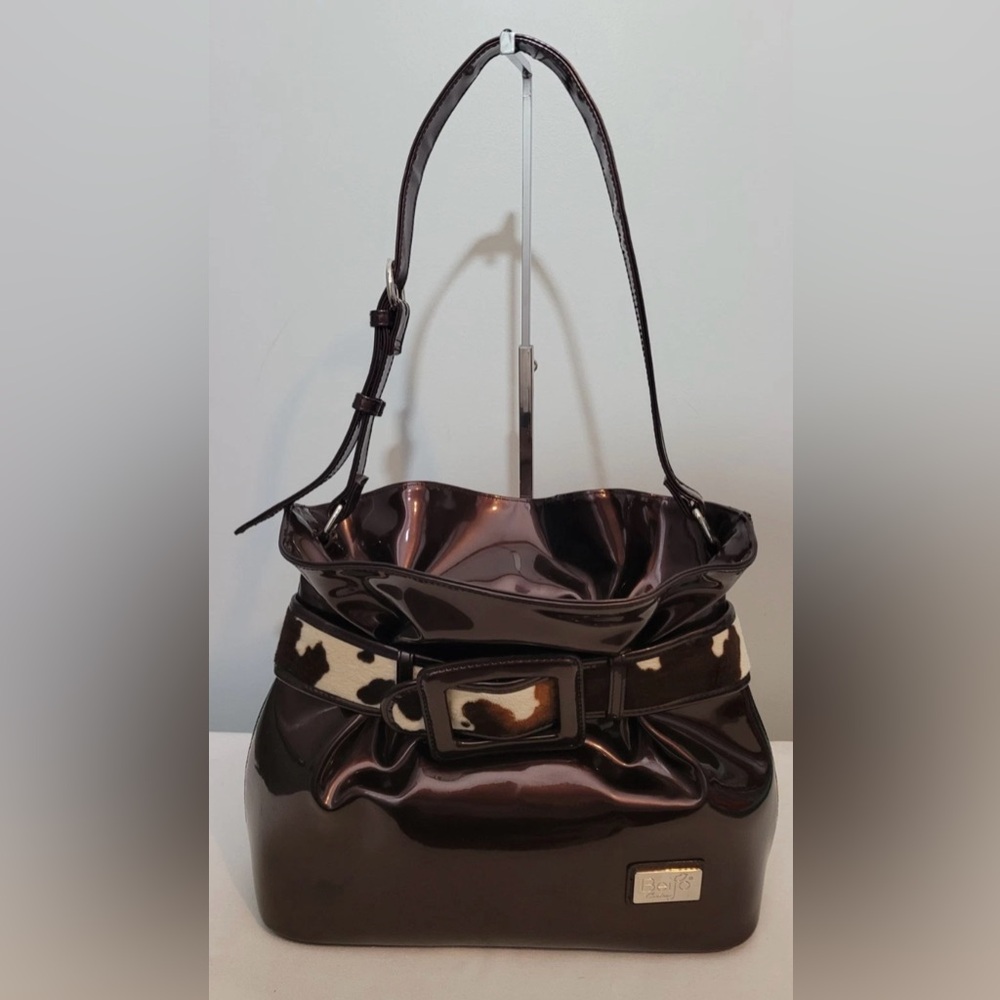 Beijo Couture Shoulder Bag Brown Faux Patent Leather Buckle Accent